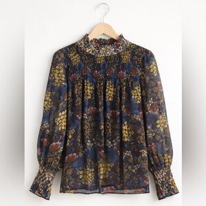 Zara Trafaluc Floral Smocked Blouse L -Boho High Neck Balloon Sleeve